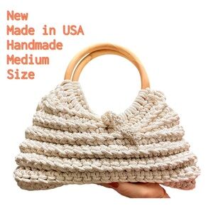 New Handwoven beige Crochet bag Wooden Handles knit gold metallic thread medium